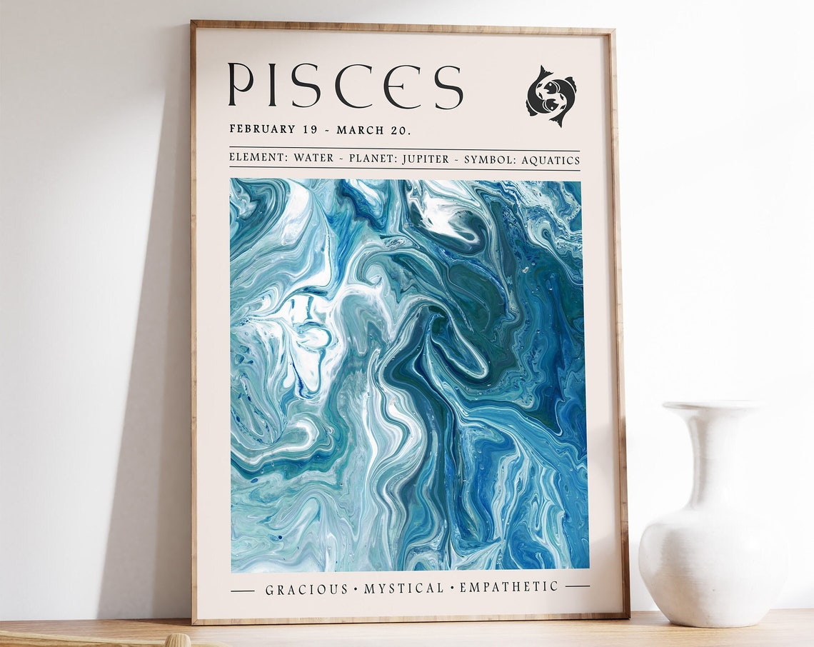 Pisces Zodiac Star Sign Water Marble Blue Elegant Astrology Print