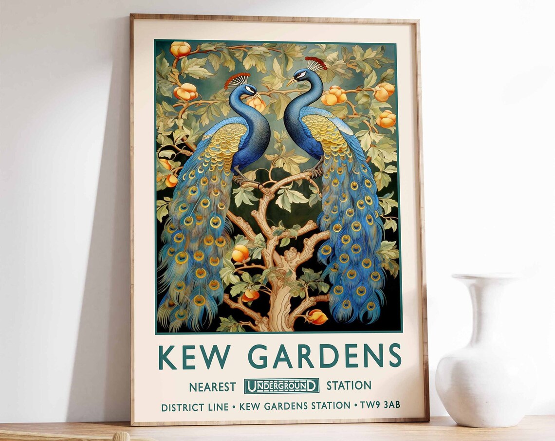 Kew Gardens London Two Peacocks Blossoms Underground Station Poster