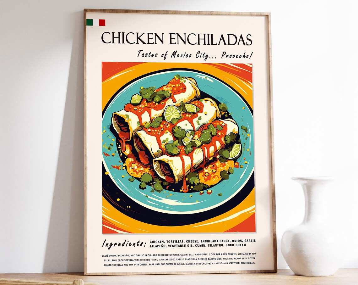 Chicken Enchiladas Mexican Food Recipe Illustration Kitchen Poster