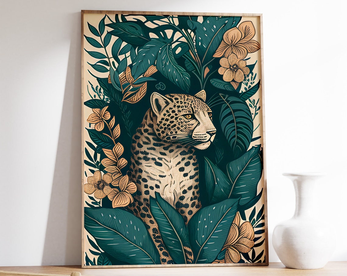 Wild Leopard In Teal Jungle Foliage Boho Wildlife Art Poster