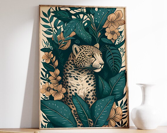 Wild Leopard In Teal Jungle Foliage Boho Wildlife Art Poster