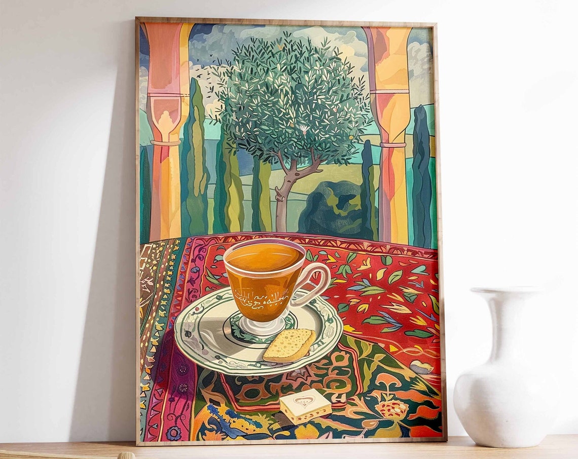 Arabic Coffee Cup Still Life Courtyard Cypress Trees Art Poster