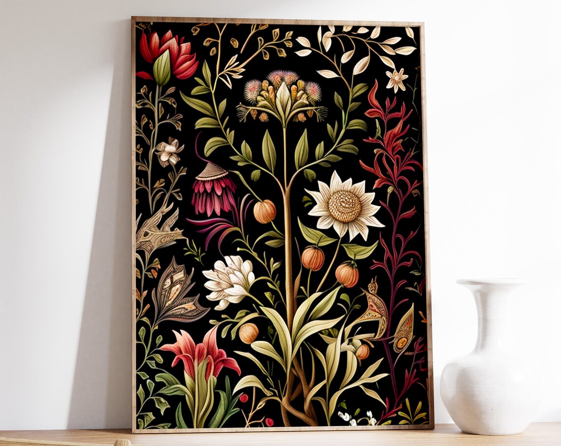 Moody Black Botanical Floral Vintage Style Illustration Art Poster