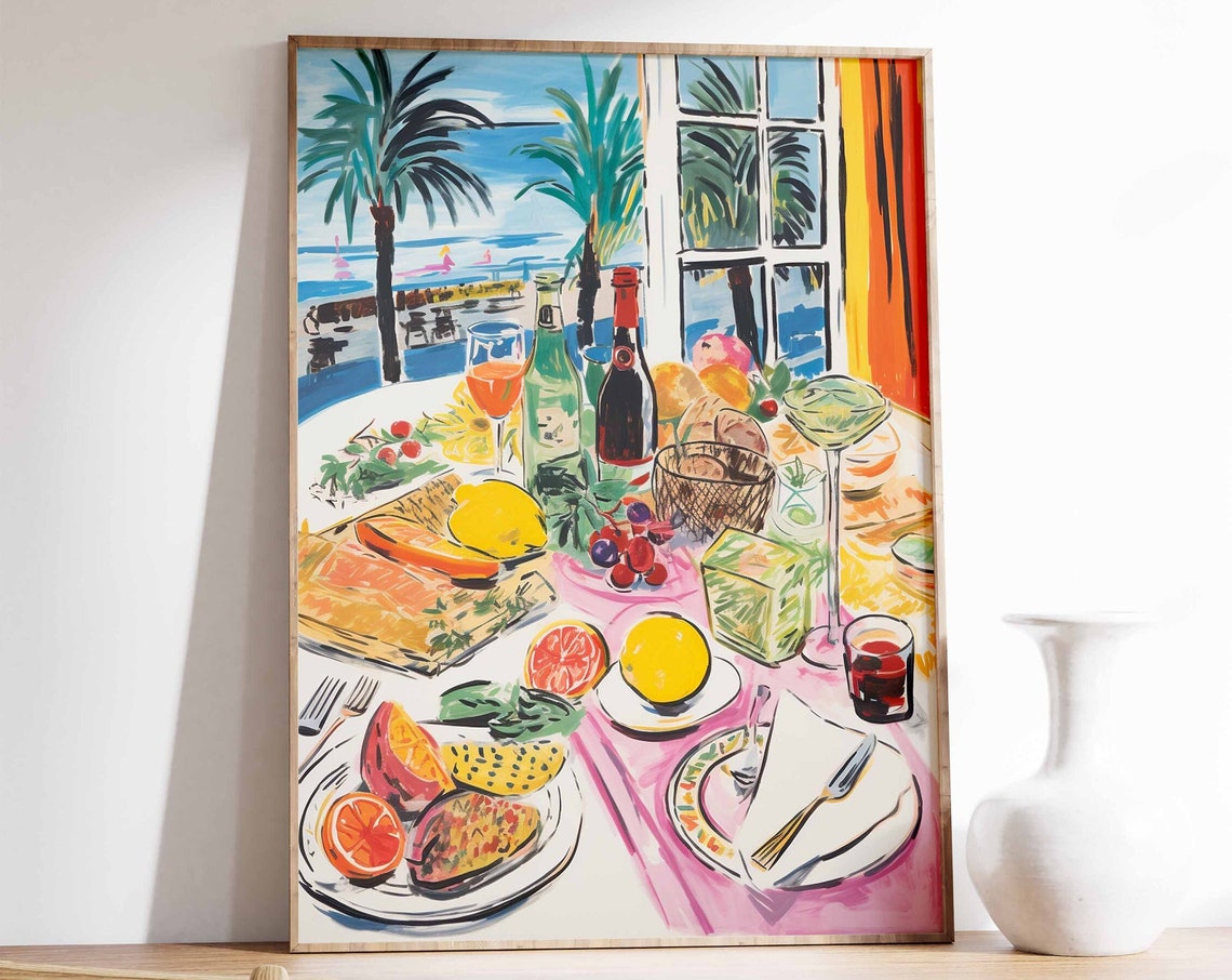 Vibrant Seaside Feast Table Art Poster Coastal Dinner Party Decor