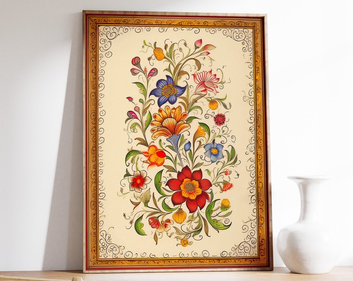 Indian Floral Bouquet Print with Ornate Border Vintage Botanical Art