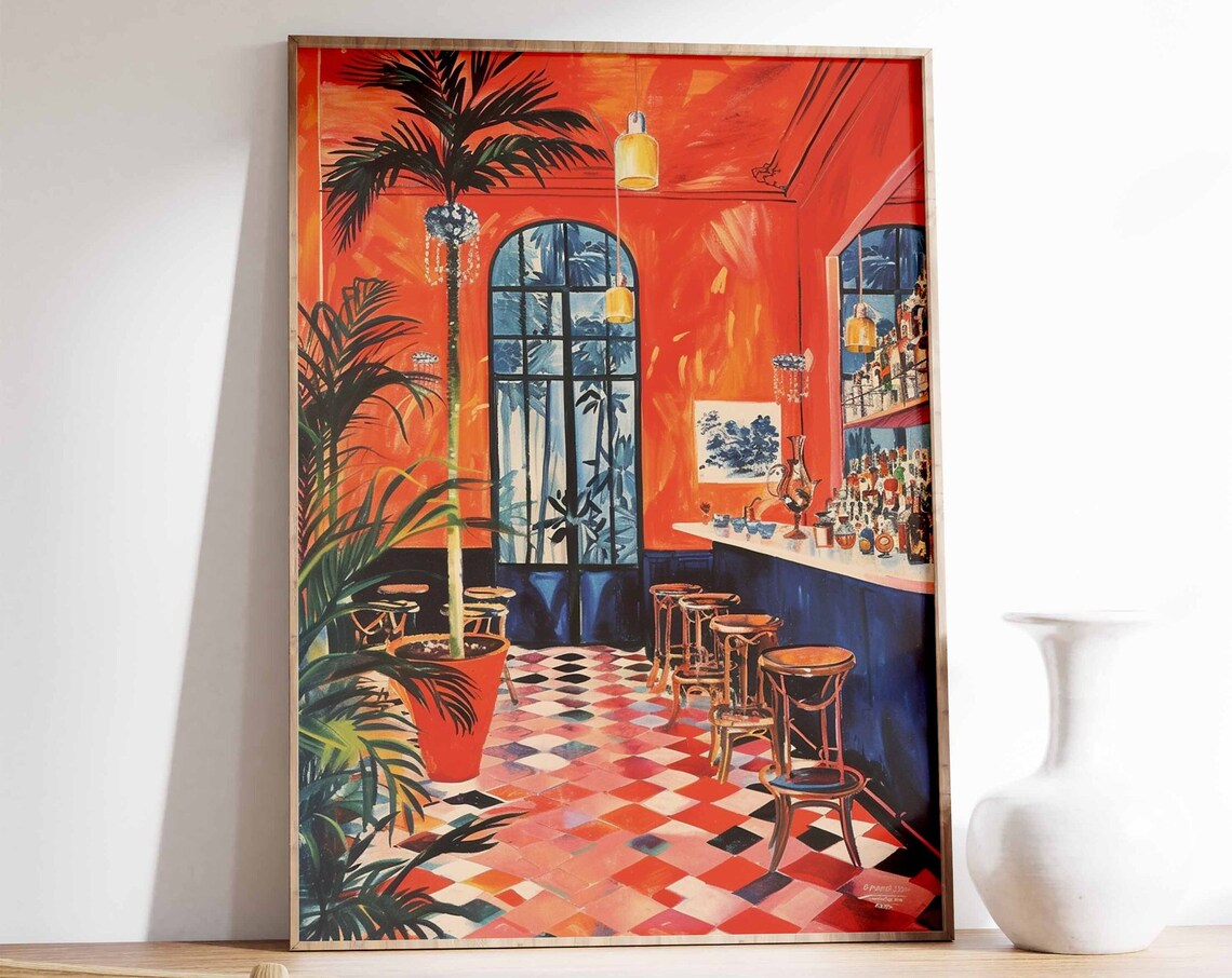 Retro Cocktail Bar Orange Interior Palm Tree Painting Poster