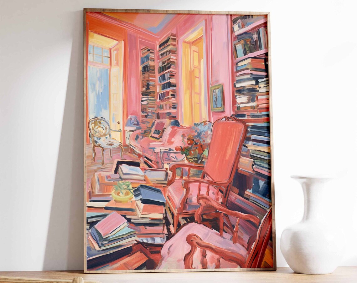 Cozy Vintage Library Interior Pink Room Books Painting Art Poster