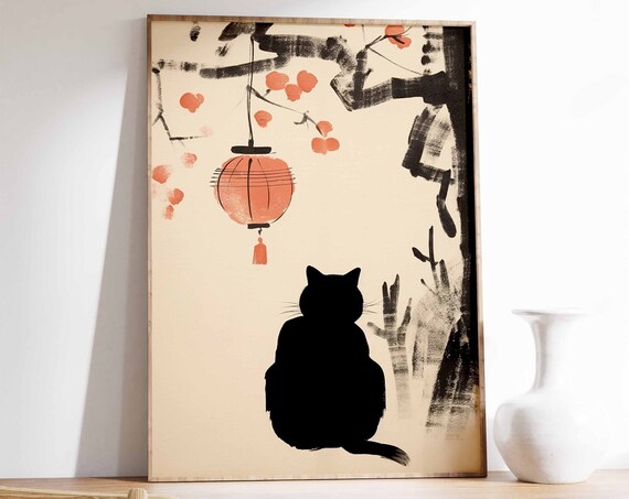 Japanese Black Cat Paper Lantern Blossom Branch Sumi E Poster