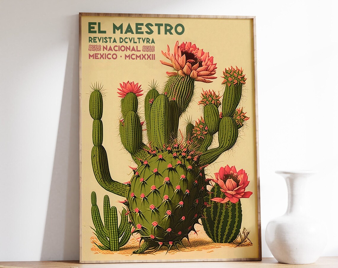 Mexican Cactus Blossom Vintage Botanical El Maestro Style Art Poster