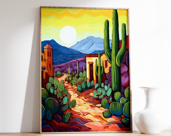 Colorful Desert Village Saguaro Sunset Landscape Painting Poster