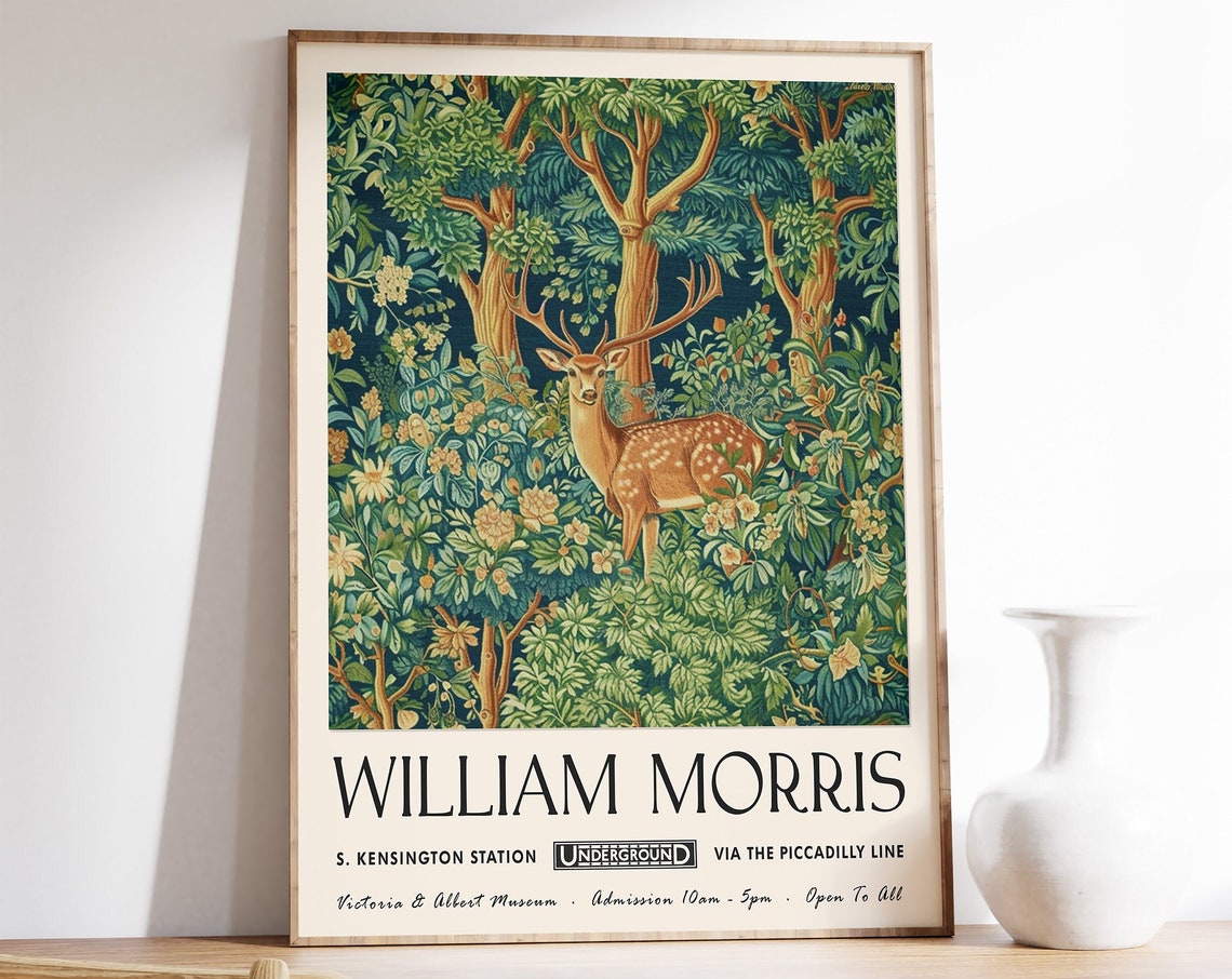 William Morris Deer in Dense Green Forest Botanical Style Poster