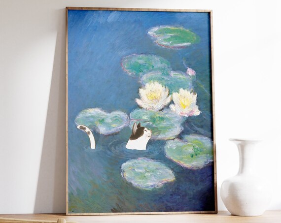 Swimming Cat Among Water Lilies Monet Style Whimsical Poster
