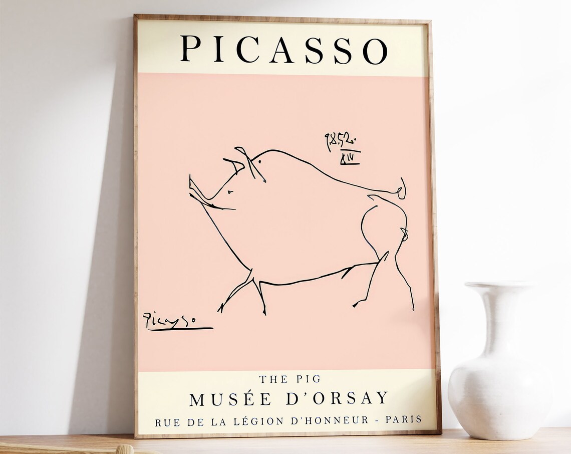 Picasso Pink Pig Vintage Line Drawing Art Print
