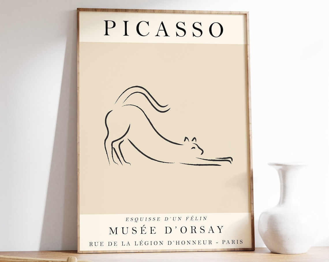 Picasso-Inspired Beige Cat Vintage Line Art Print
