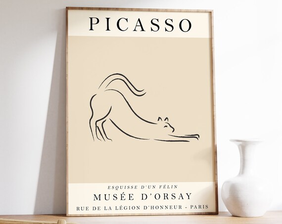 Picasso-Inspired Beige Cat Vintage Line Art Print