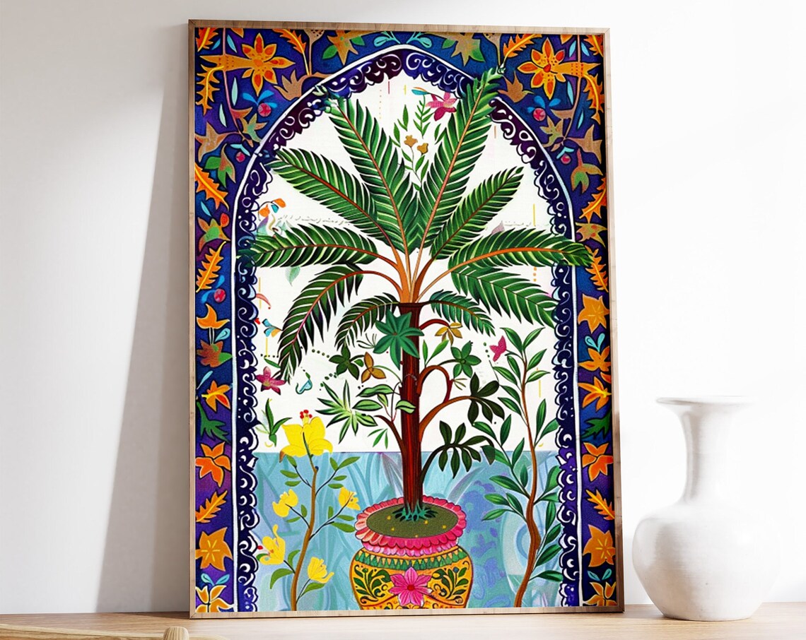 Islamic Palm Tree Vase Floral Border Art Print Deep Blue Decor