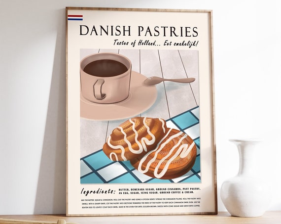 Danish Pastry Food Poster Food Art Pastry Poster Breakfast Print Breakfast Art Coffee Art Kitchen Poster Retro Print Food Gift