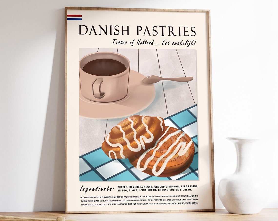 Danish Pastries Recipe Illustrated Holland Bakery Food Art Poster