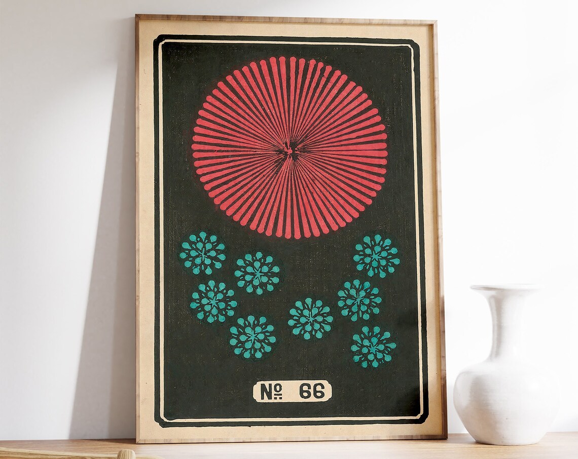 Vintage Japanese Fireworks No 66 Night Sky Graphic Art Poster