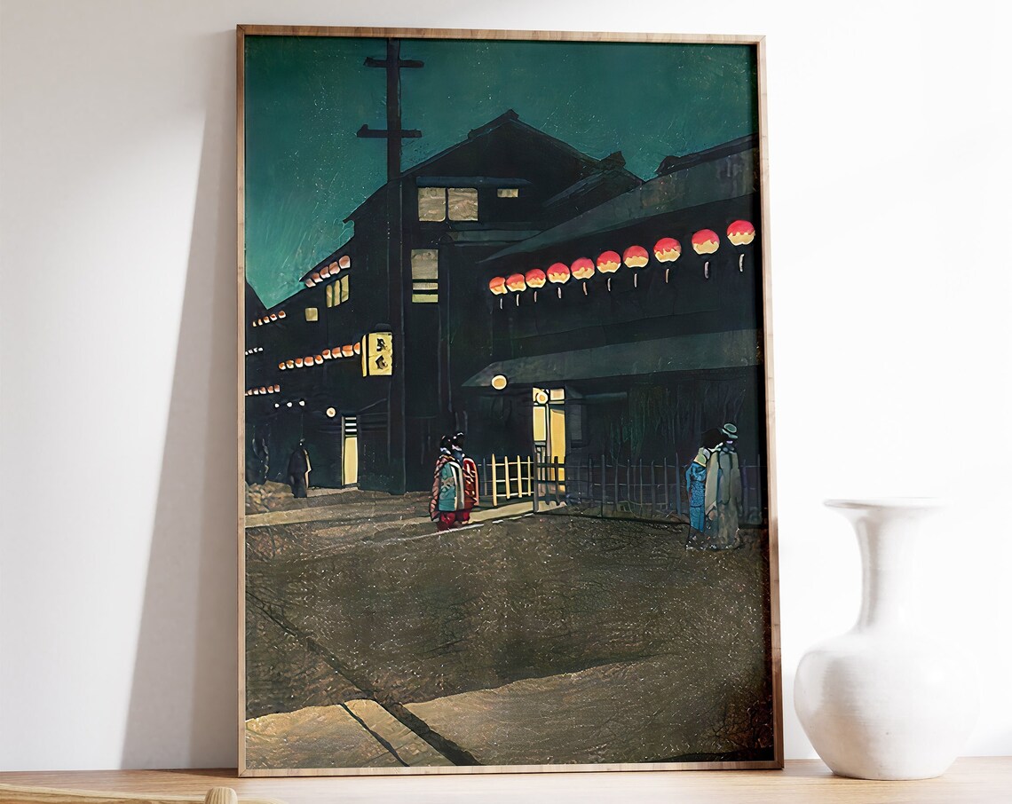 Japanese Woodblock Night Street Lanterns Shin Hanga Evening Art Poster