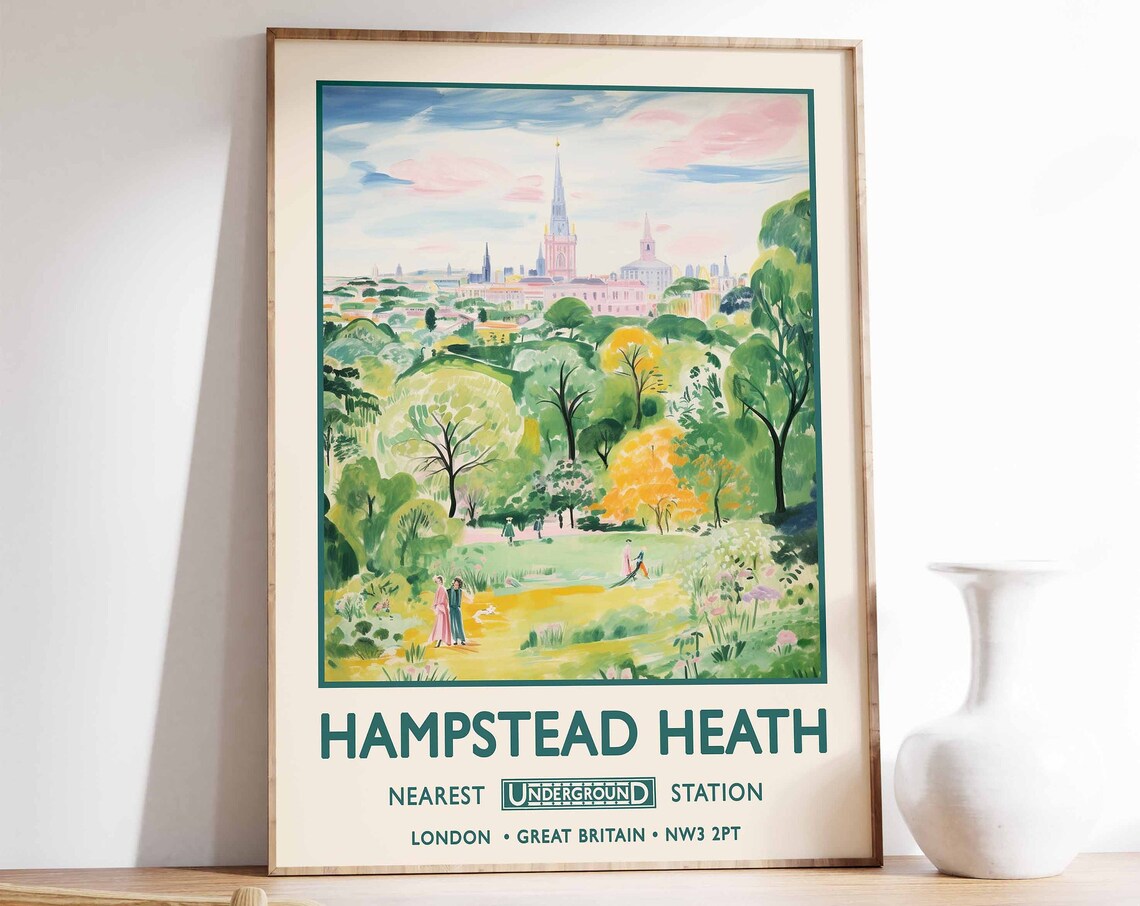 Hampstead Heath London Vintage Floral Travel Poster