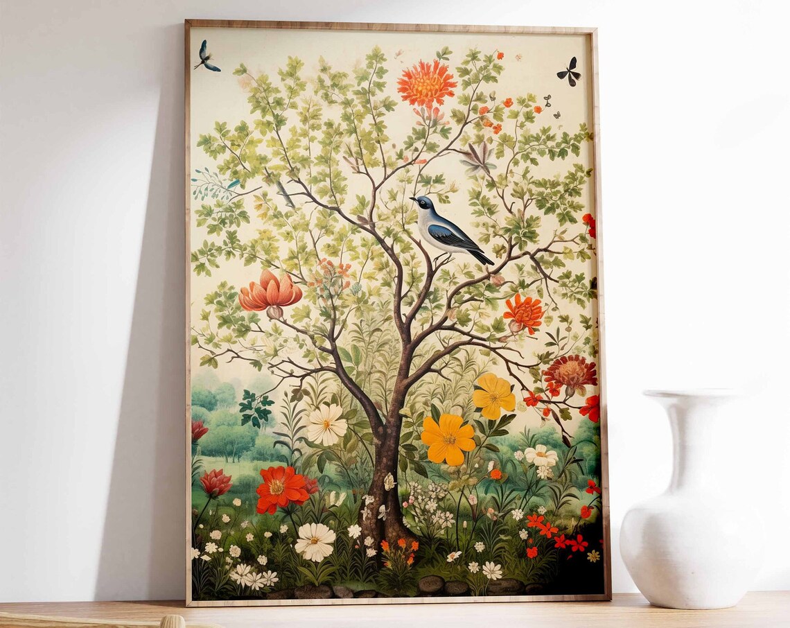Indian Tree Of Life Bird Floral Folk Art Botanical Wall Poster