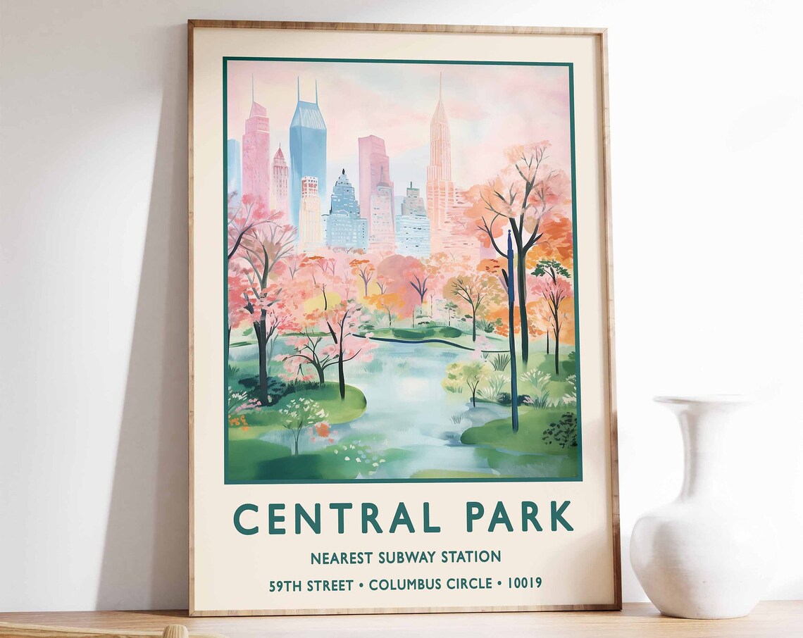 Central Park New York City Spring Blossom Skyline Travel Style Poster
