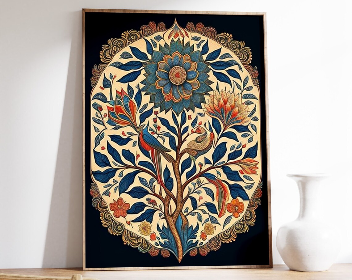 Indian Tree of Life Print with Birds and Flowers on Dark Background