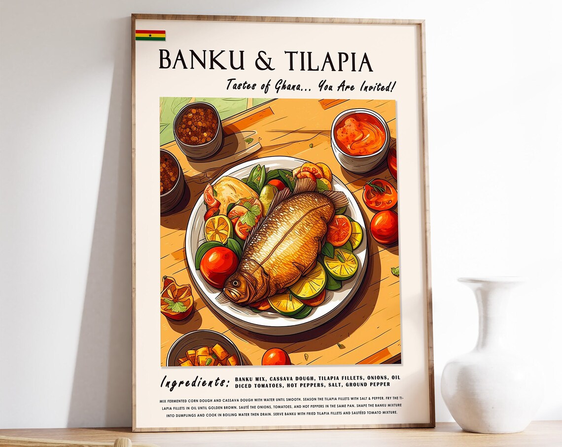 Banku and Tilapia Ghanaian Food Poster, Kitchen Art