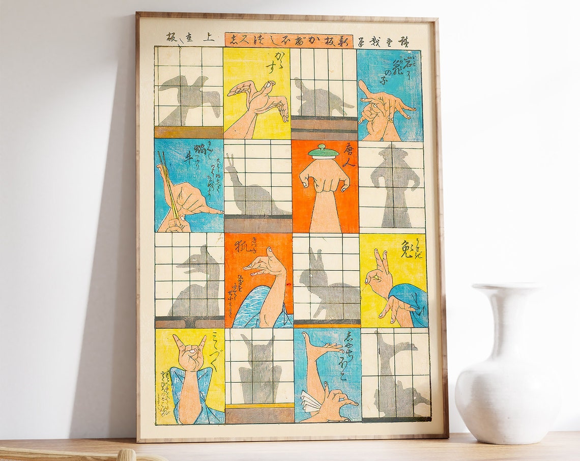 Vintage Japanese Woodblock Shadow Puppet Hand Gestures Art Poster