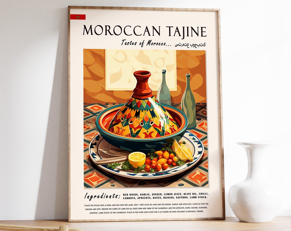 Moroccan Tajine Vintage Recipe Spiced Lamb Pot Kitchen Art Poster