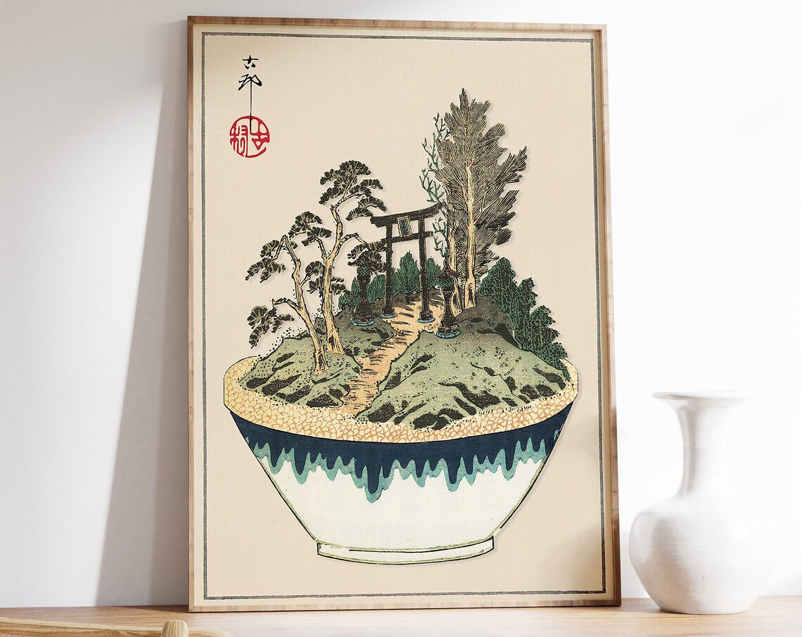 Japanese Woodblock Style Torii Gate Pine Garden in a Bowl Poster