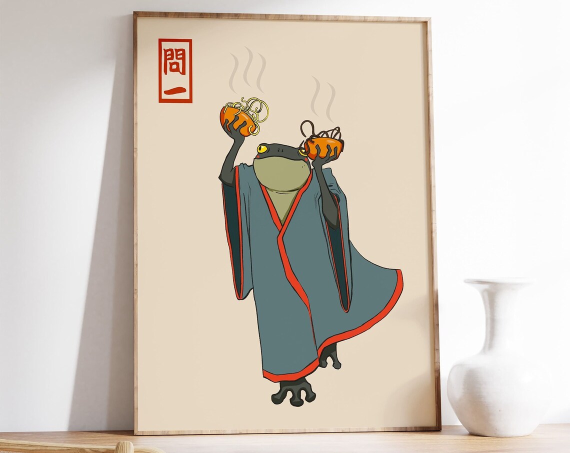 Vintage Japanese Frog Kimono Ramen Bowls Funny Animal Art Poster