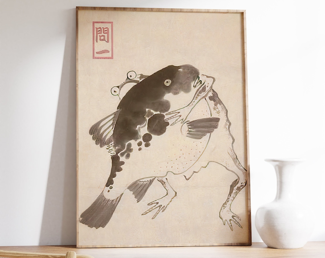 Japanese Frog and Fish Art Print, Woodblock Style