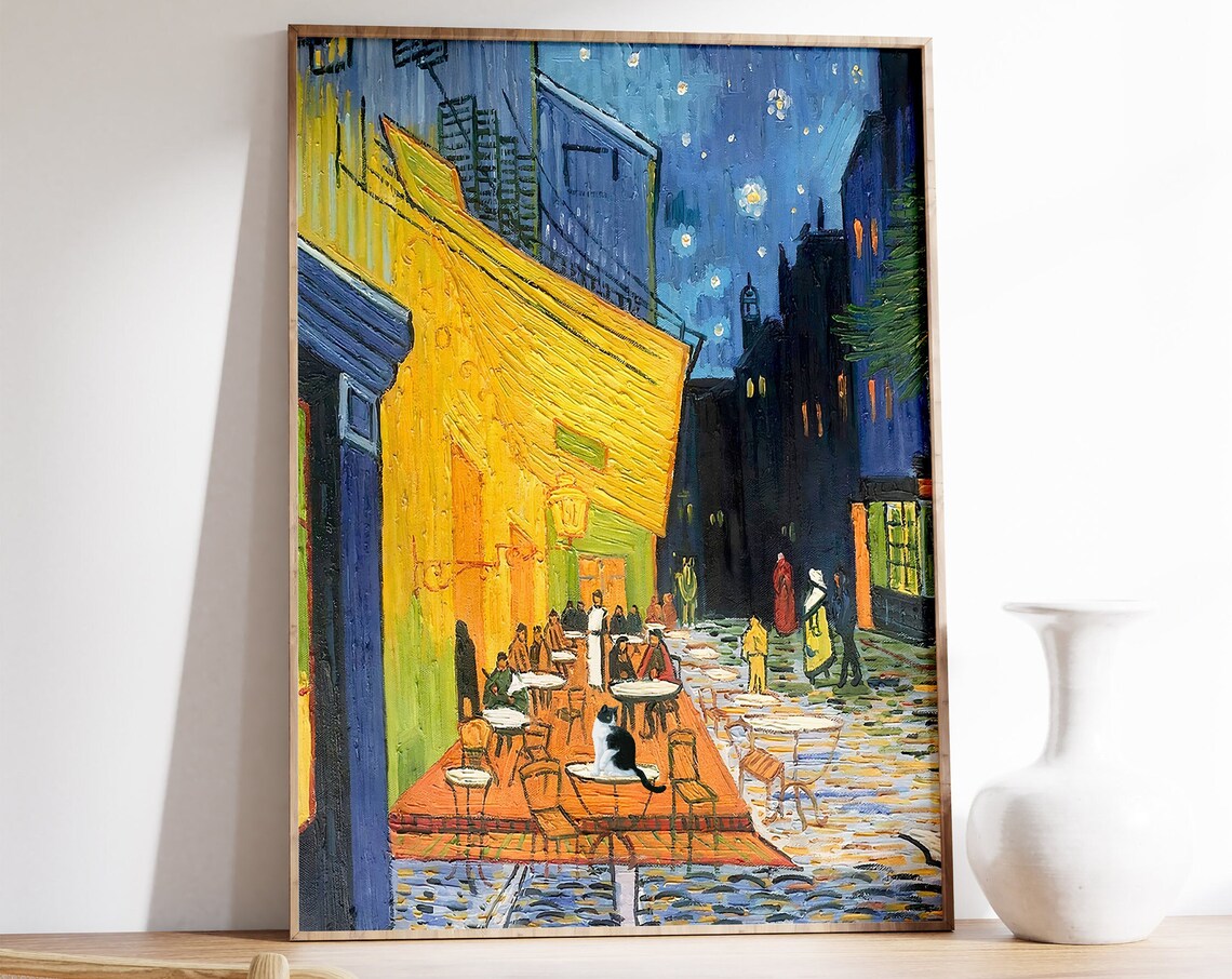 Vincent Van Gogh Cafe Terrace Starry Night Black Cat Wall Art