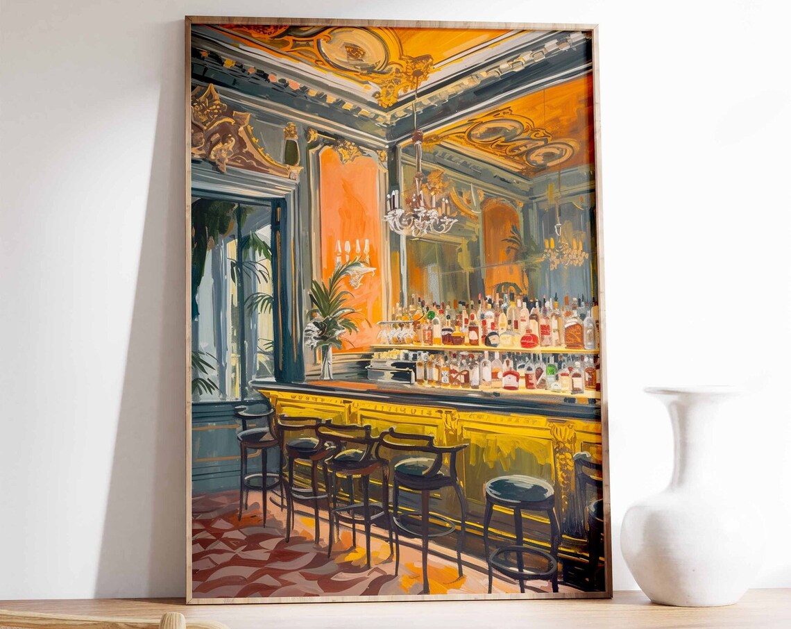 Grand Cocktail Bar Interior Gilded Ceiling Chandeliers Poster