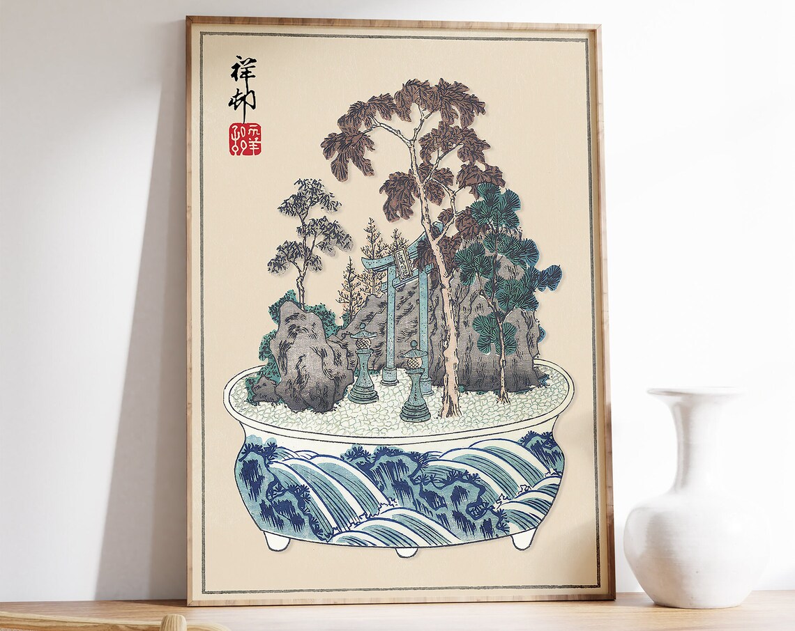Japanese Bonsai Garden with Torii Gate Vintage Woodblock Poster
