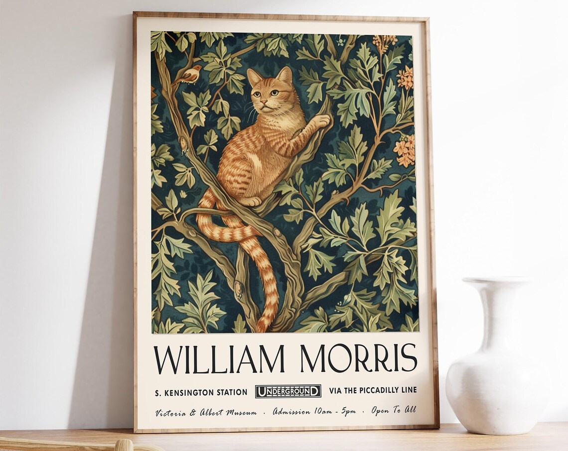 William Morris Cat Art Print, Floral Cat Poster