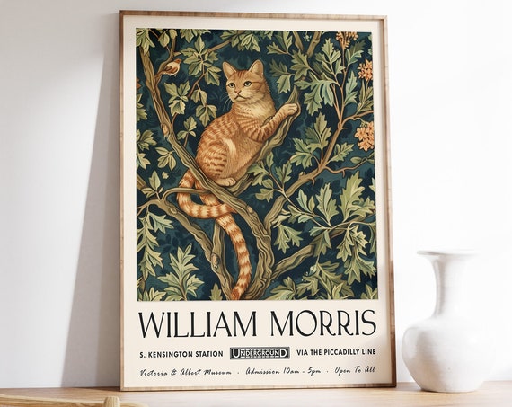 William Morris Cat Art Print, Floral Cat Poster