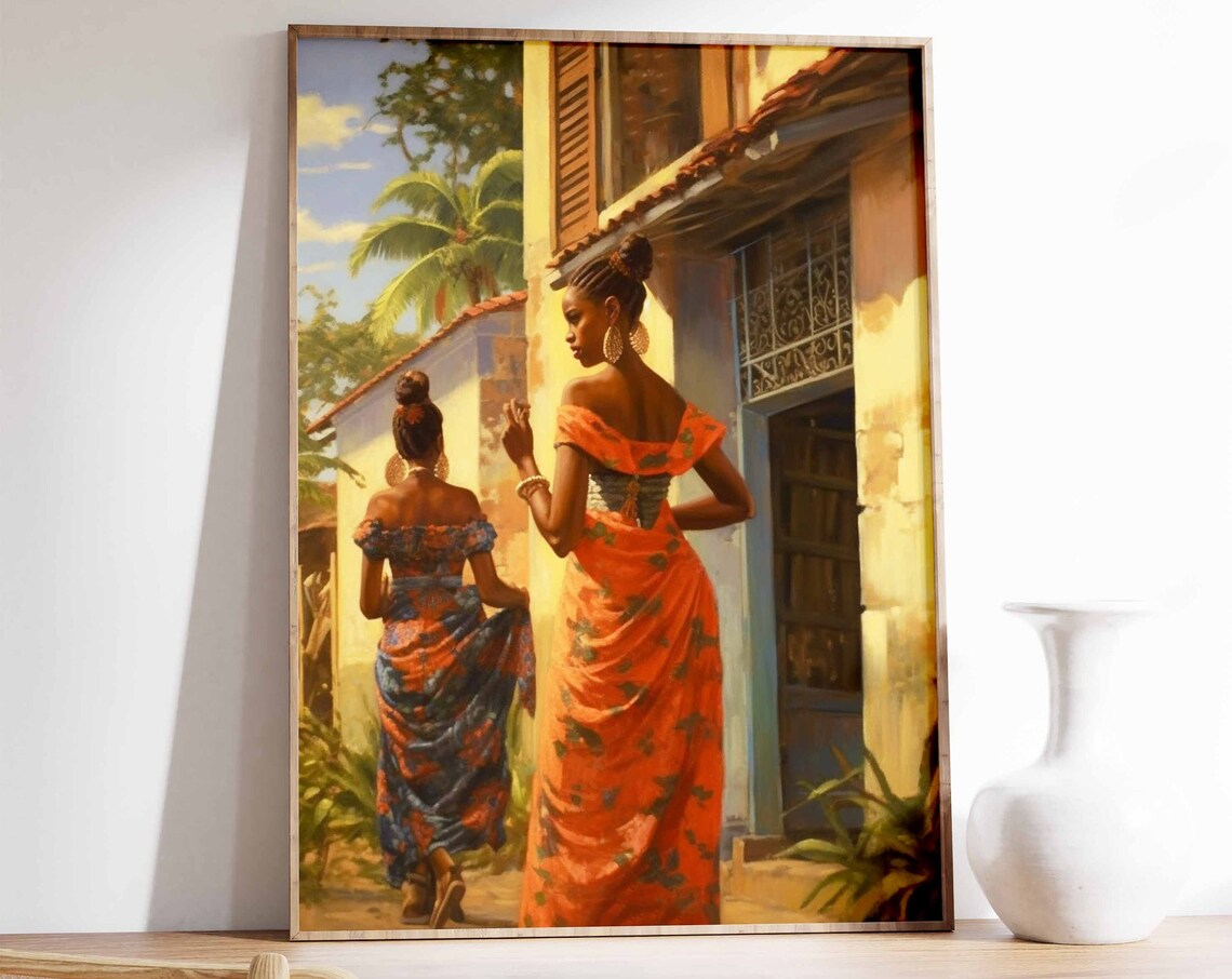 Caribbean Street Two Women Colorful Dresses Painting Travel Poster