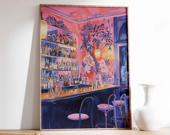 Colorful Bar Interior Painting Pink Cocktail Lounge Night Art Poster