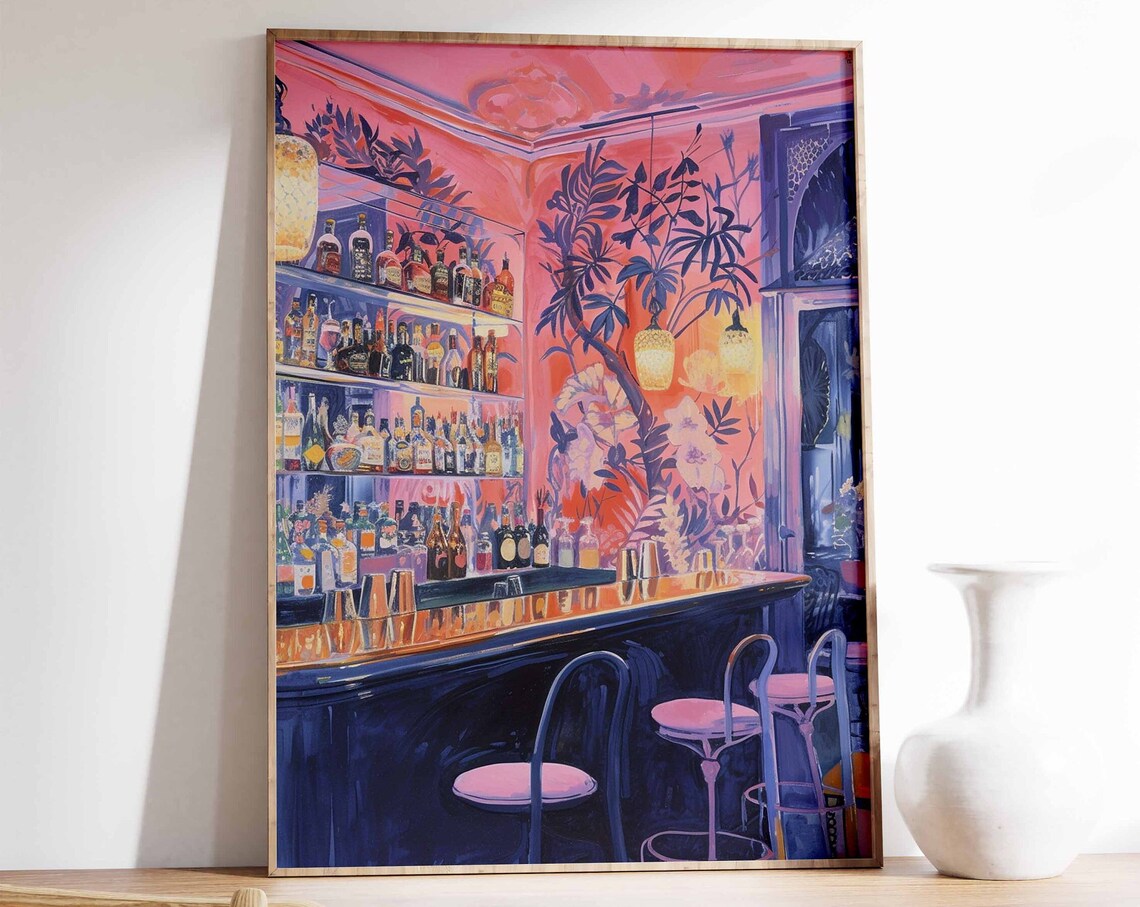 Colorful Bar Interior Painting Pink Cocktail Lounge Night Art Poster