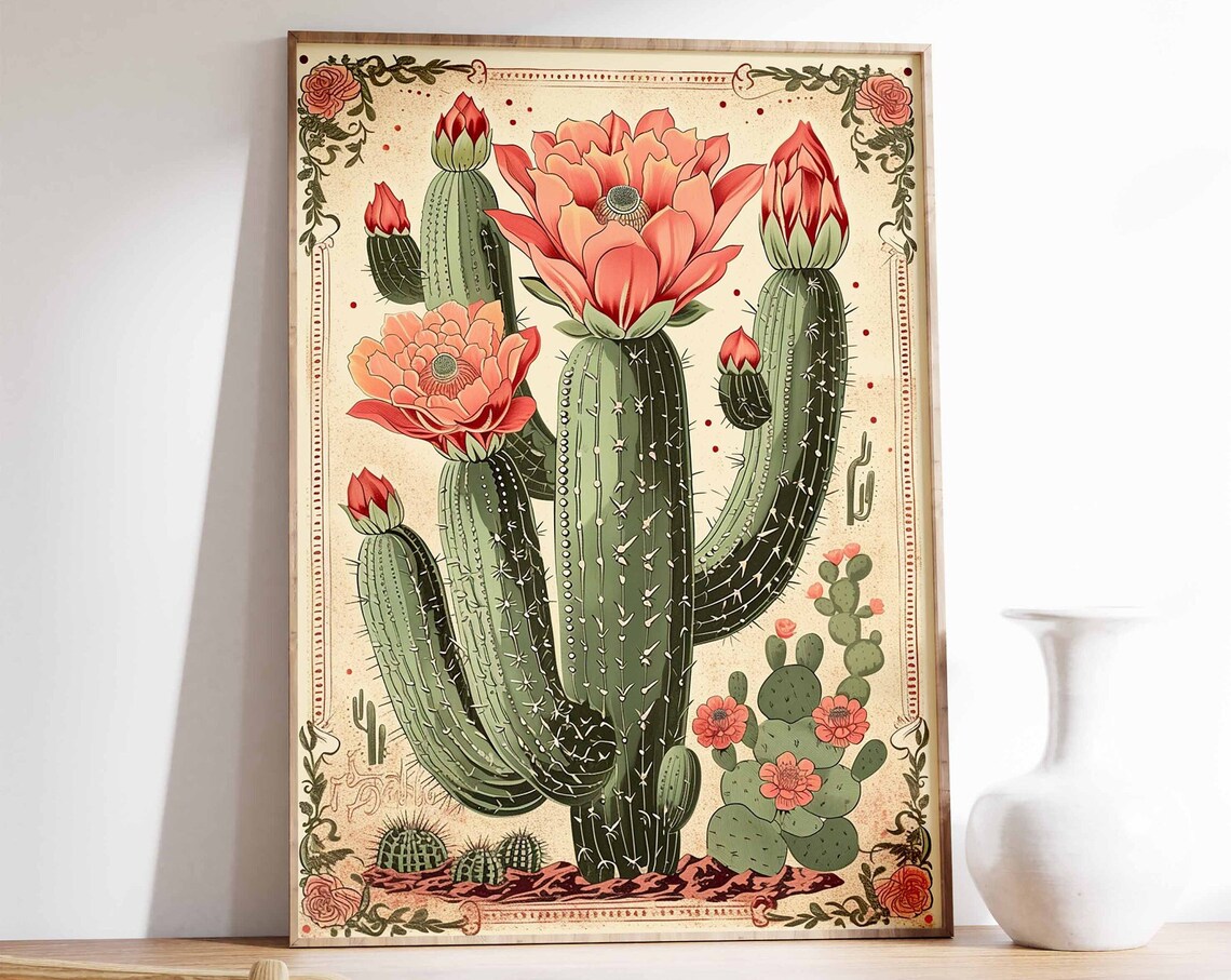 Vintage Mexican Cactus Blossom Botanical Border Desert Art Poster