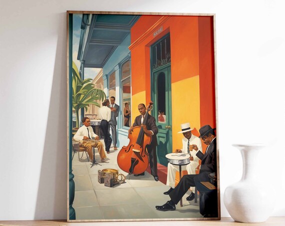 Street Jazz Band Musicians Colorful Building Facade Painting Poster