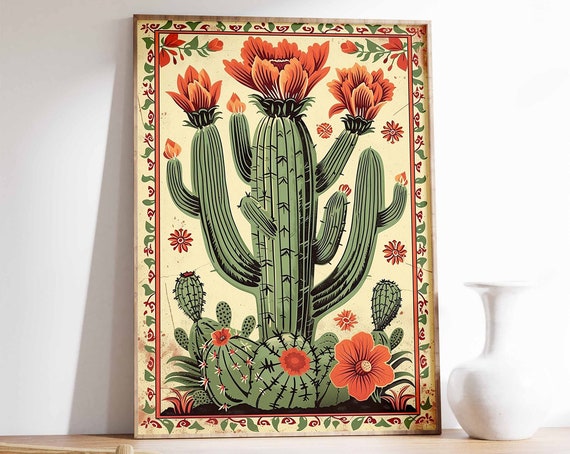 Vintage Mexican Blooming Cactus Orange Flowers Folk Art Poster