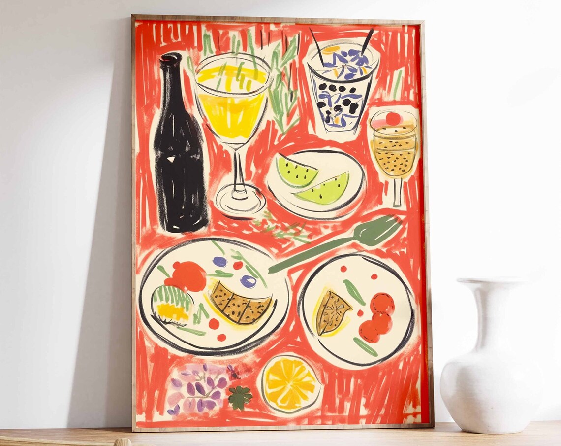 Dinner Table Food Illustration, Vintage Kitchen Poster