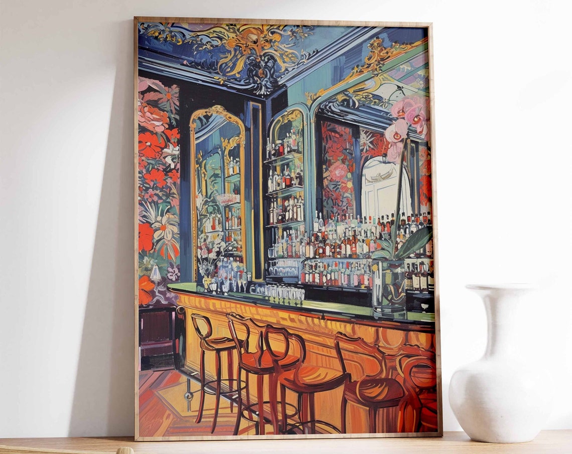 Ornate Blue Cocktail Bar Mirror Botanical Interior Art Print