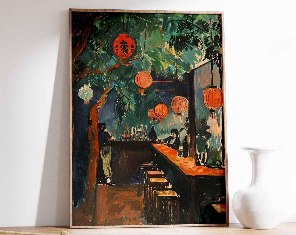 Retro Japanese Cocktail Bar Night Lantern Izakaya Scene Poster