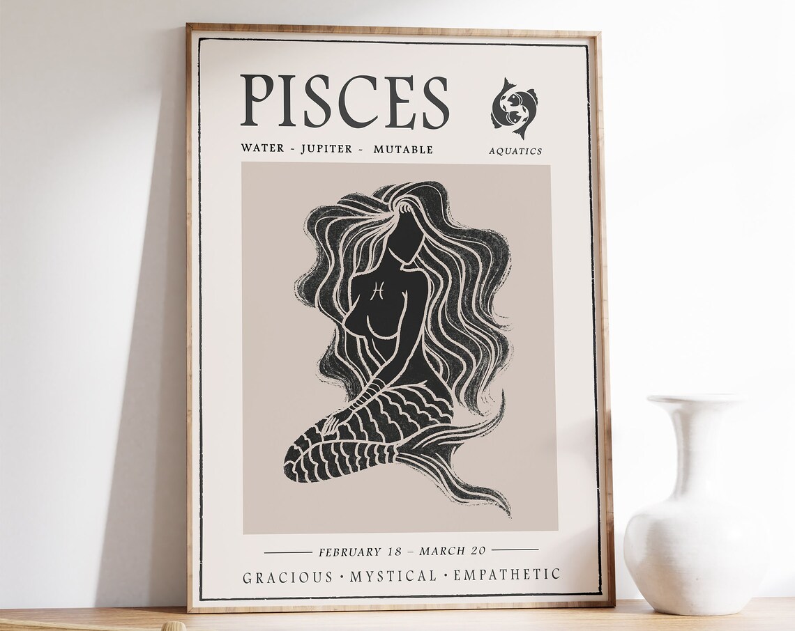 Pisces Star Sign Poster, Boho Astrology Art Print