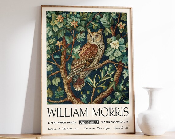 William Morris Tawny Owl in Fruit Tree Botanical Style Art Poster